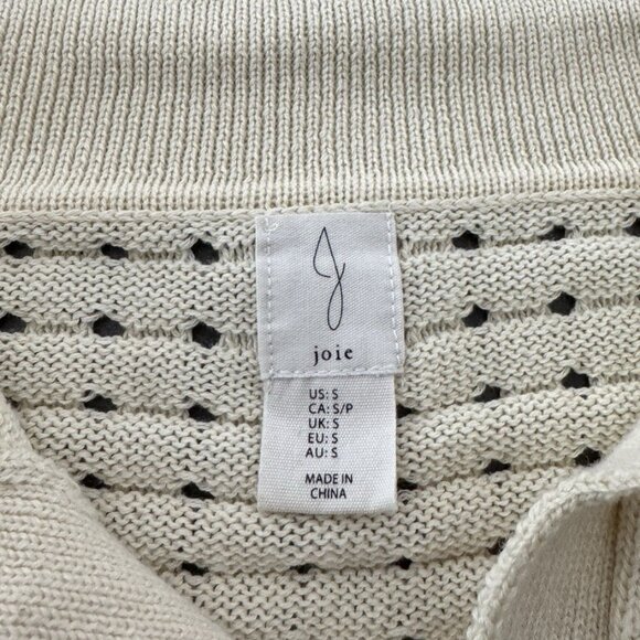 Joie Ivory Perforated Pointelle- Knit Top Eyelet Collared V-Neck Casual Sweater - Picture 3 of 6